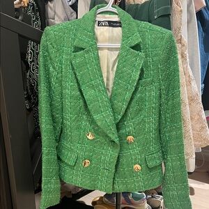Zara Textured Emerald Blazer with Gold Buttons